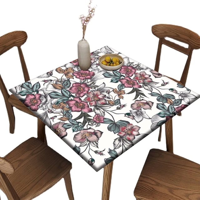 Elastic Edge Fitted Tablecloth, Flower Pattern Printed on Wrinkle Resistant Polyester Table Cloth, for Indoor Outdoor Party Decor, Fit for 52" x 52"Square Table