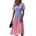 thumbnail image 3 of Laqbezok Gradient Ombre Short Sleeve Midi Dress, Elegant Ruched High Waist Slimming Summer Dress, Casual V-Neck A-Line Flare Fashion Outfit, Vibrant Sun Dress, 3 of 6