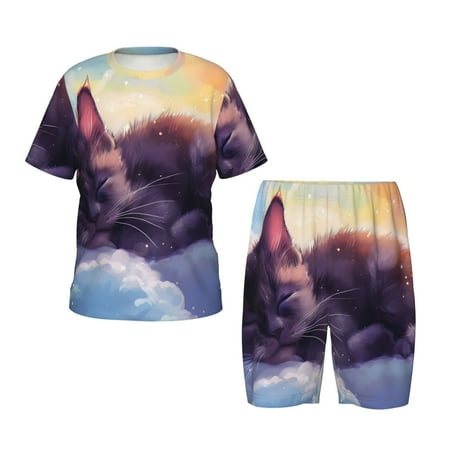 Luyuia Colorful Cloud Sleeping Cat Print Girls  2-Piece Tie-Dye Pajama Set  Cute Summer Loungewear with Shirt and Tank Shorts Nightwear-4X-Large