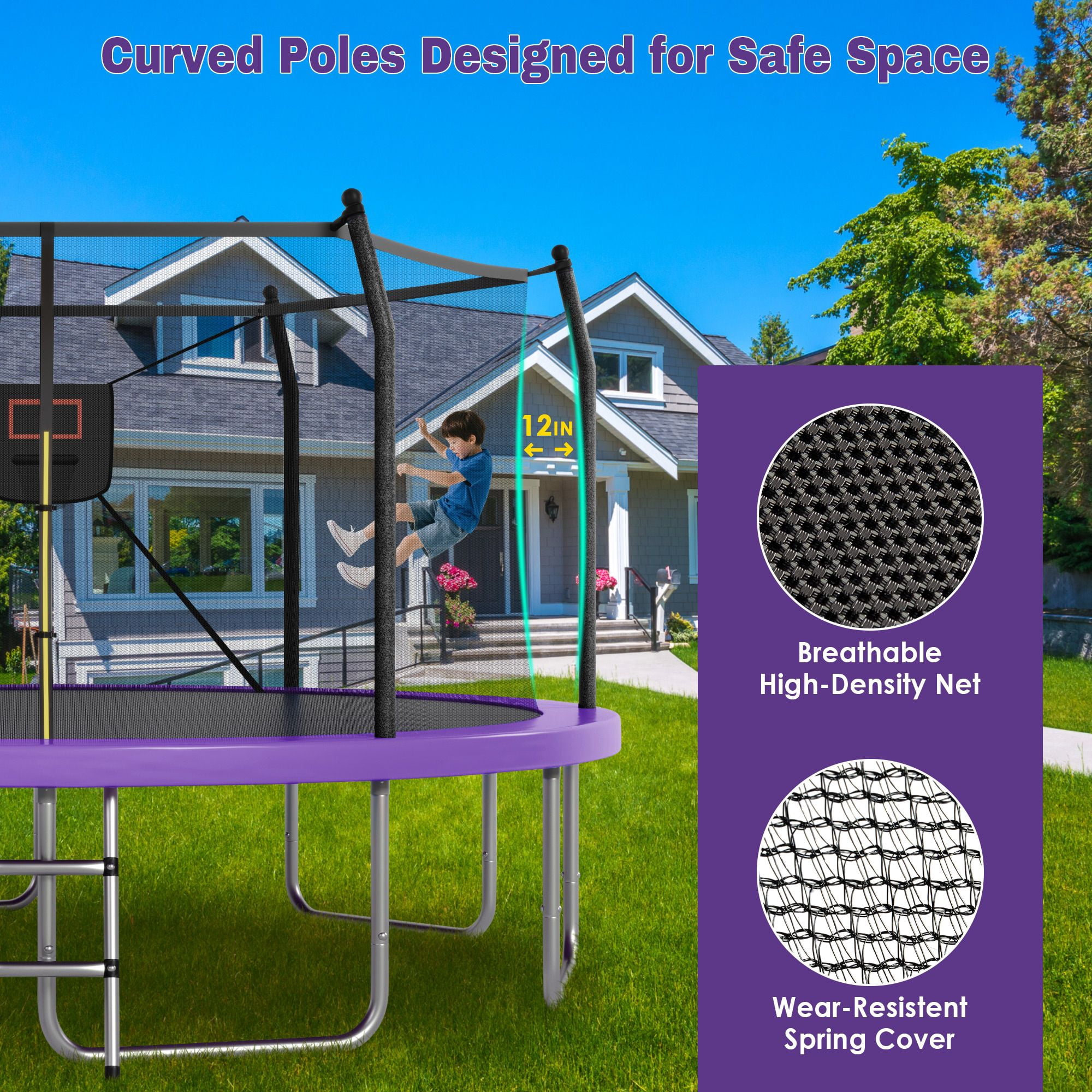 Alvantor 14ft Trampoline with Basketball Hoop & Lights, Outdoor Round Trampolines for Kids with Enclosure net Purple