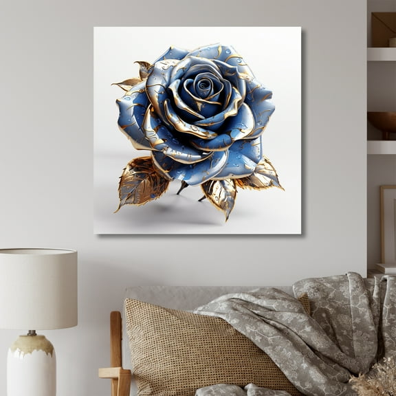 Designart "Gold and Blue Rose in Glass I" Floral Wall Art - Traditional Blue Rose Entryway Wall Art Print