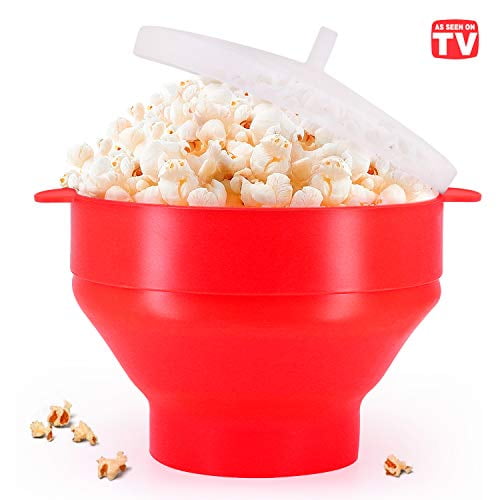 Microwaveable Silicone Popcorn Popper, BPA Free Collapsible Hot Air Microwavable Popcorn Maker Bowl, Use In Microwave or Oven (Red)