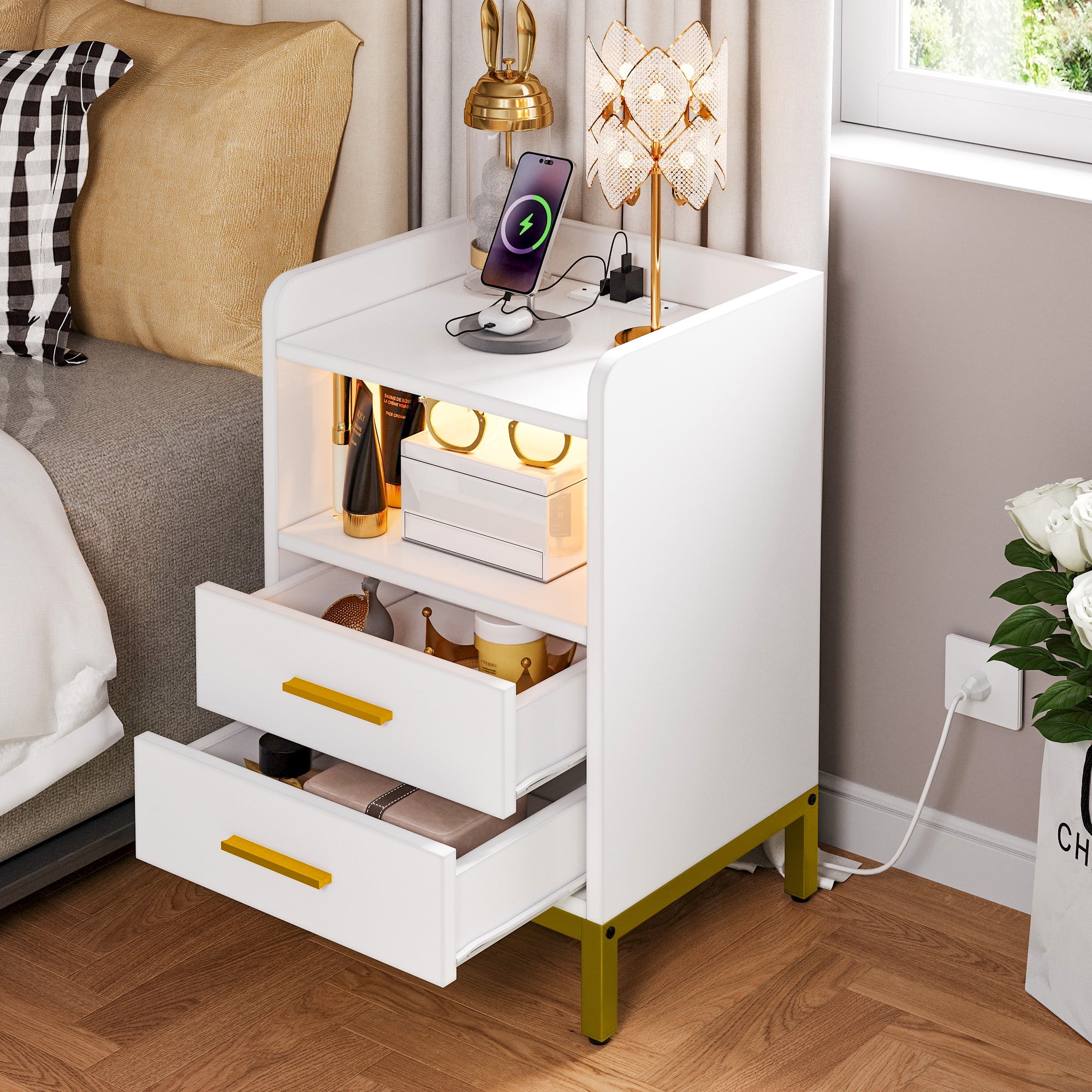 Dextrus LED Nightstand with Charging Station, Modern Bedside End Table with Drawers and Shelf, White