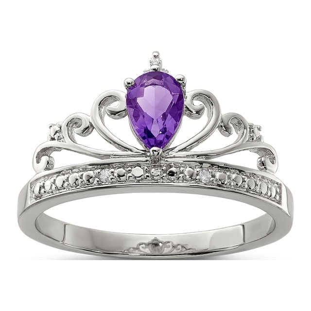 925 Sterling Silver Rhodium Plated Diamond and Amethyst Teardrop Ring