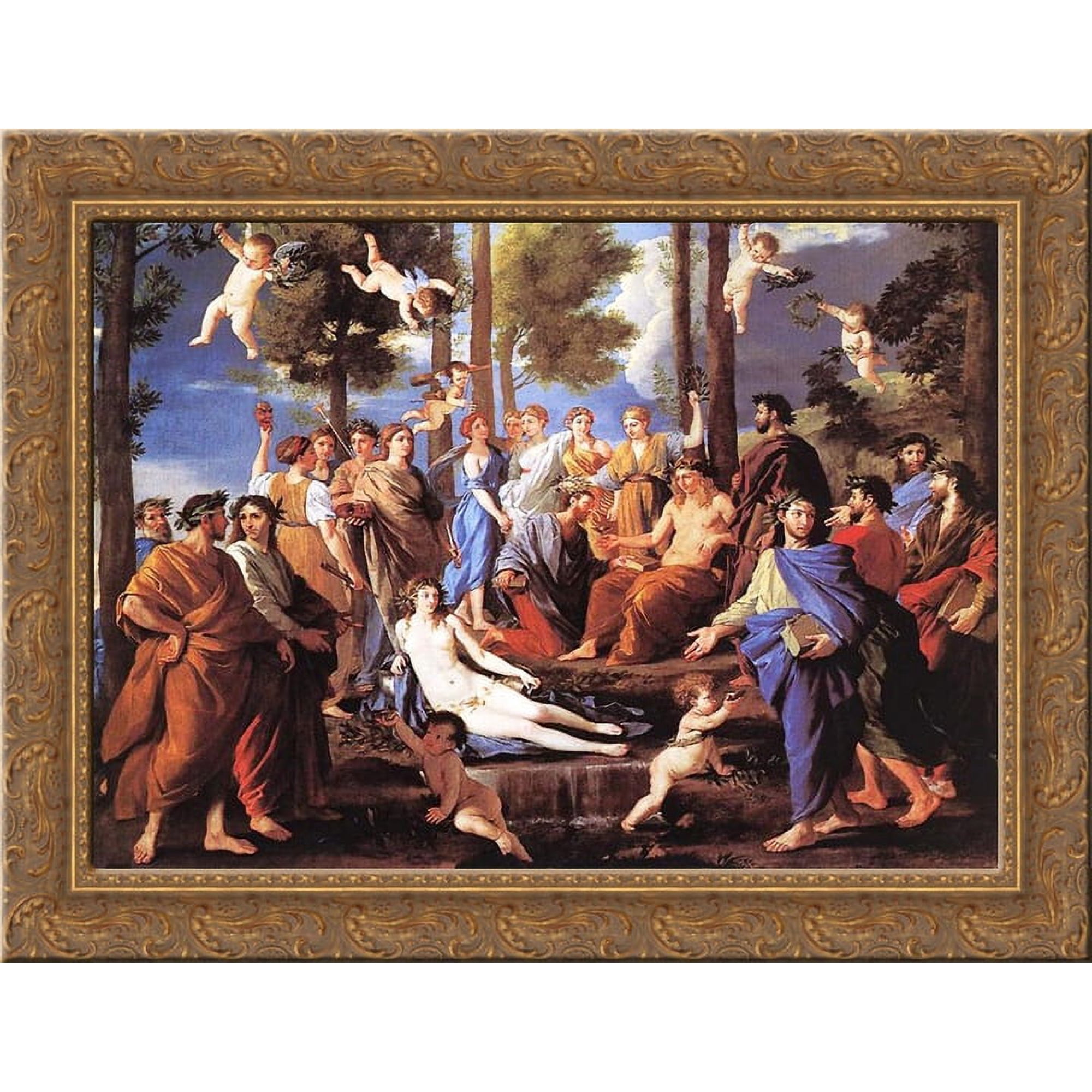 Apollo and the Muses 24x20 Gold Ornate Wood Framed Canvas Art by Poussin Nicolas
