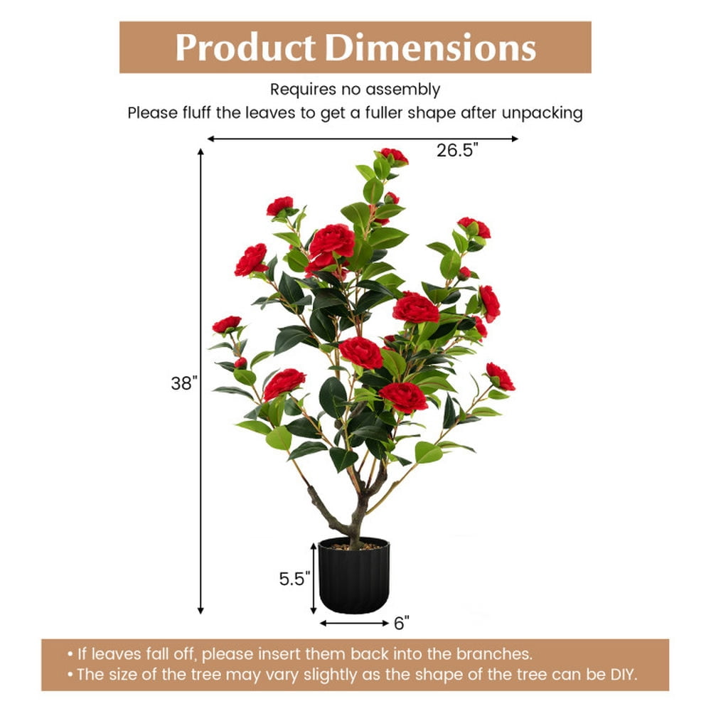 Spaco 38 inch Artificial Camellia Tree, Faux Flower Plant in Cement Pot 2 Pack, Artificial Plant Faux Flower Plant for Indoor and Outdoor, Red