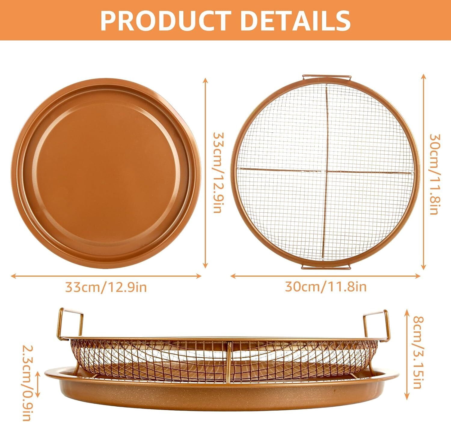 Air Fryer Basket for Oven, 2 Pieces Set Round 12'' Non-stick Stainless Steel Mesh Air Fryer Baking Tray Accessories Rack Roasting Grill Basket for Convection Oven Air Fryer, Dishwasher Safe