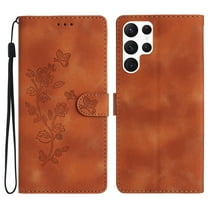 SaniMore Wallet Case for Samsung Galaxy S23 Ultra 6.8" 2023, PU Leather Embossed Flower Shockproof [Card Slots   Cash Pocket   Removeable Wrist Strap] Kickstand Full Protective Business Shell, Brown