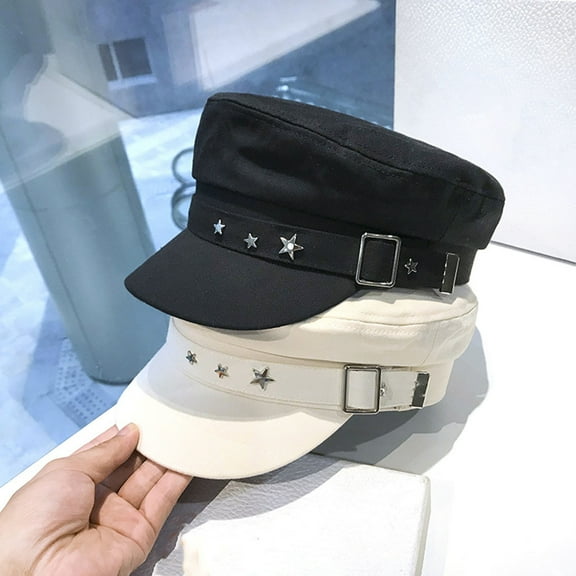 harmtty Female Extended Brim Beret Hat Flat Dome Star Decor Adjustable Newsboy Hat Outdoor Solid Color Painter Hat Streetwear Black