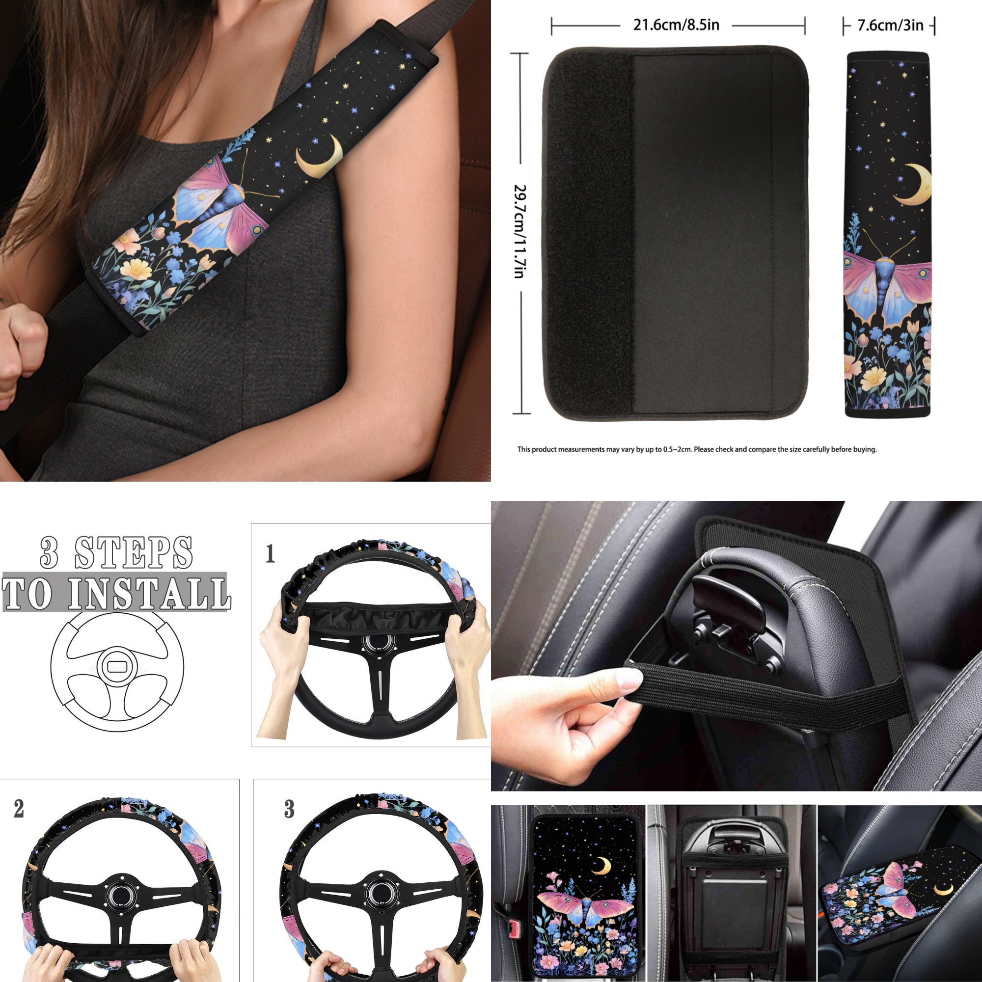 Jeiento Butterfly Car Seat Covers with Floor Mats Steering Wheel Cover Armrest Pad Seat Belt Cover Moon Flower Keychain Coasters Lipstick Holder for Sedan SUV Auto Accessories Set 17 PCS