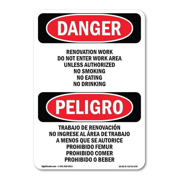 OSHA Danger Sign - Renovation Work Do Not Enter Work Area | Plastic Sign | Protect Your Business, Construction Site, Shop Area |  Made in The USA