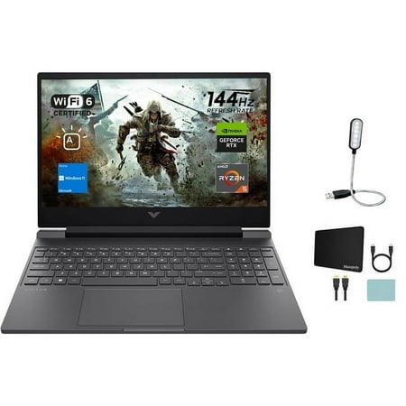HP Victus 15.6" FHD 144Hz Gaming Laptop, AMD Ryzen 5 7535HS, 16GB DDR5, 1TB SSD, Backlit KB, SD Card Reader, Wi-Fi 6, Bluetooth, Win11 HS, NVIDIA GeForce RTX 2050, Mica Silver + Mazepoly Accessories