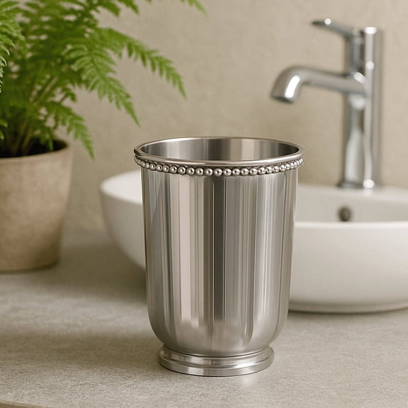 Stainless Steel Bathroom Tumbler Cup | Decorative Rinse Cup,Drinking Glass,Toothbrush & Makeup Brush Holder for Vanity Countertops,Sink & Desk | Shiny
