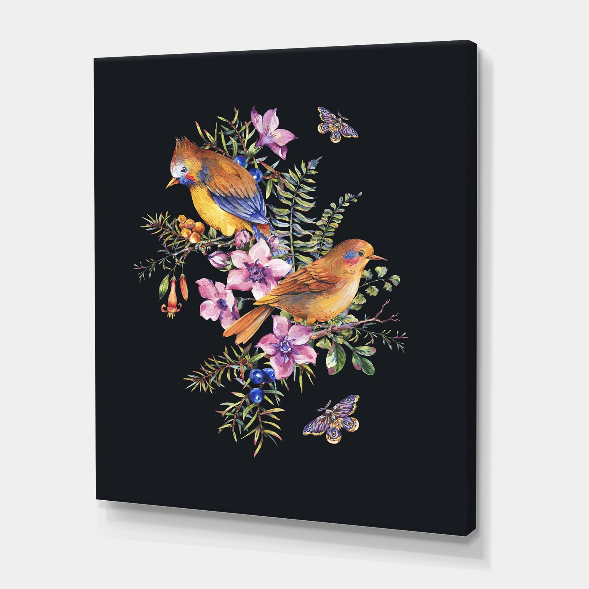Designart ' Little Bird Sitting On Colourful Bouquet Of Wildflowers II ' Traditional Canvas Wall Art Print