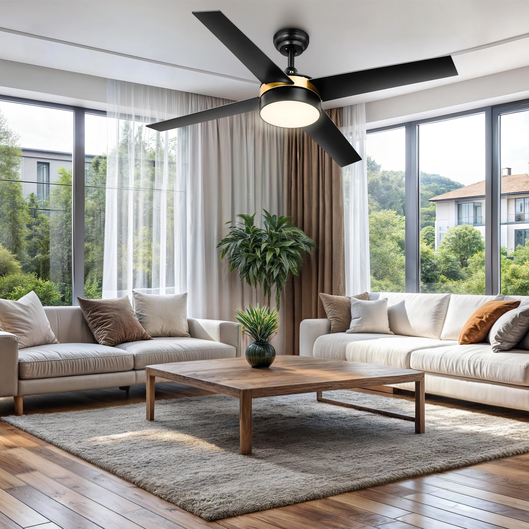 Uforic 52 Inch Black Gold Ceiling Fans with Light and Remote, Modern Dimmable Fan for Indoor Outdoor