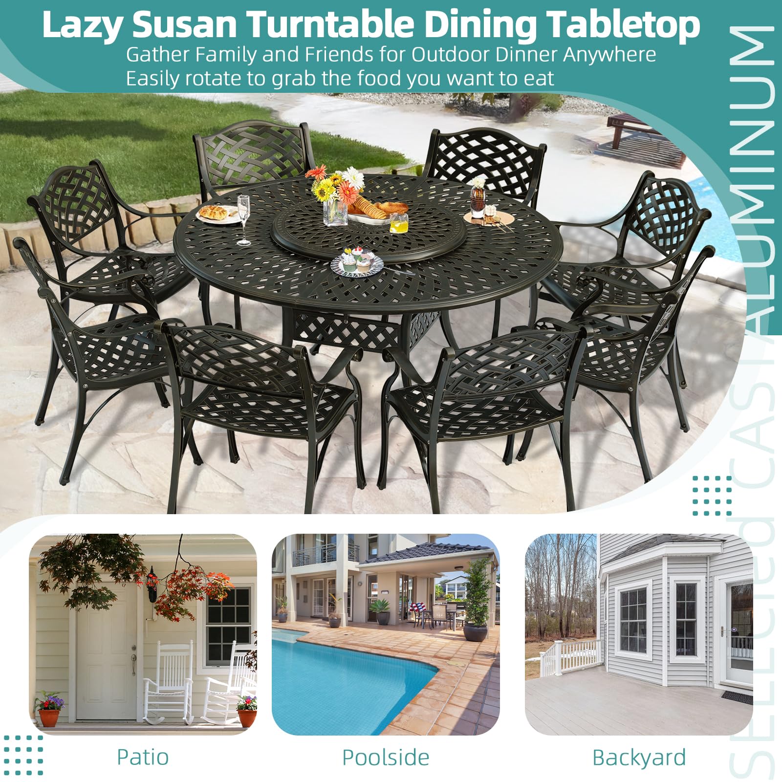 MEETWARM 9-Piece Outdoor Furniture Dining Set, All Weather Cast Aluminum Patio Garden Set- 8 Chairs, 61" Round Patio Dining Table with Detachable Lazy Susan, Umbrella Hole, Dark Bronze