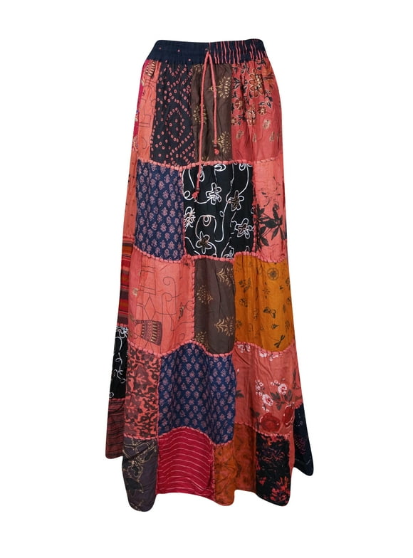 Mogul Women Chic Red PATCHWORK Maxi Skirt Ethnic Vintage Style Summer Skirts