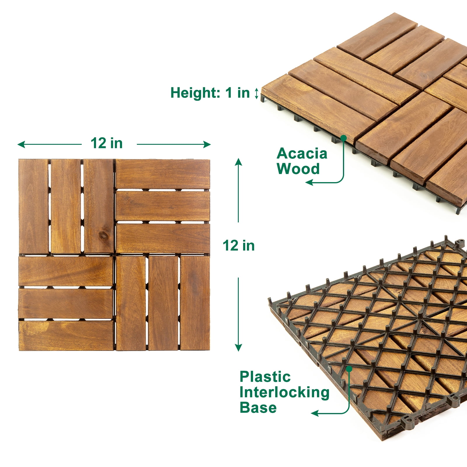 Acacia Wood Interlocking Deck Tiles 4-Pack Weatherproof Outdoor Patio Balcony Shower Floor Drainage