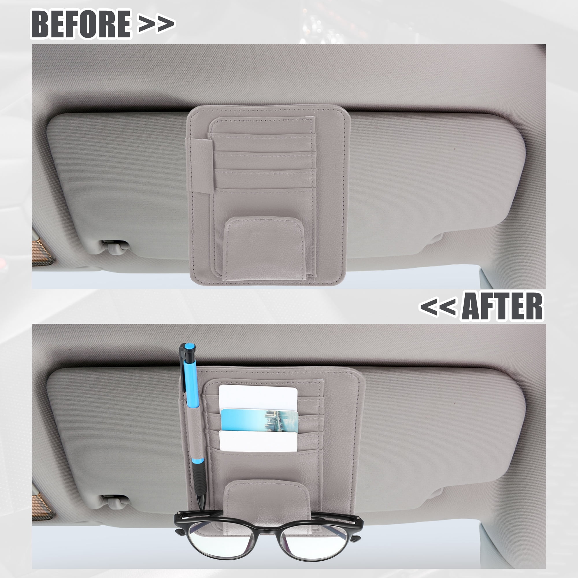 Unique Bargains PU Leather Car Sun Visor Organizer Glasses Holder and Card Holder Gray