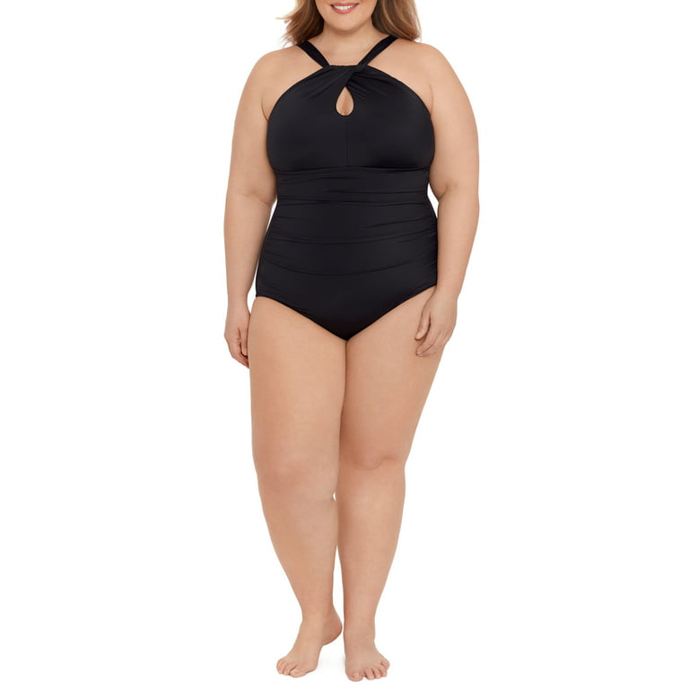 Embrace Your Curves™ By Miracle Brands® Women's and Women's Plus Sloane  Keyhole Front One Piece Black Swimsuit 