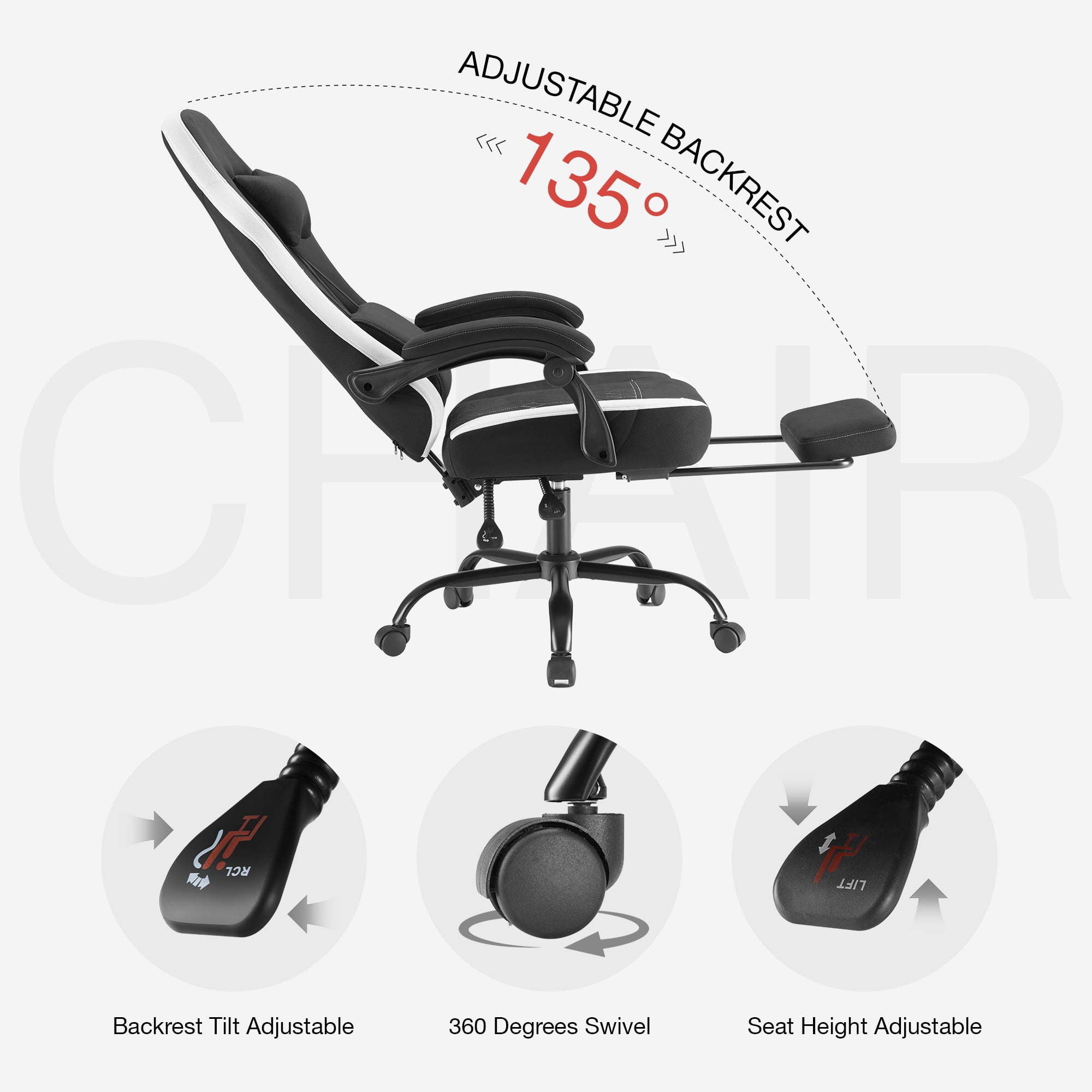 MCQ Computer Gaming Task Chair, High Back Ergonomic with Linkage Armrests, Footrest and Lumbar Support, 360° Swivel Wheels, Black
