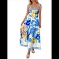 thumbnail image 2 of Vestido Bohemio Floral Y2K Sin Mangas para Mujer, Estampado con Tirantes Finos, Corte en A, para Vacaciones y Playa. Azul XL, 2 of 10