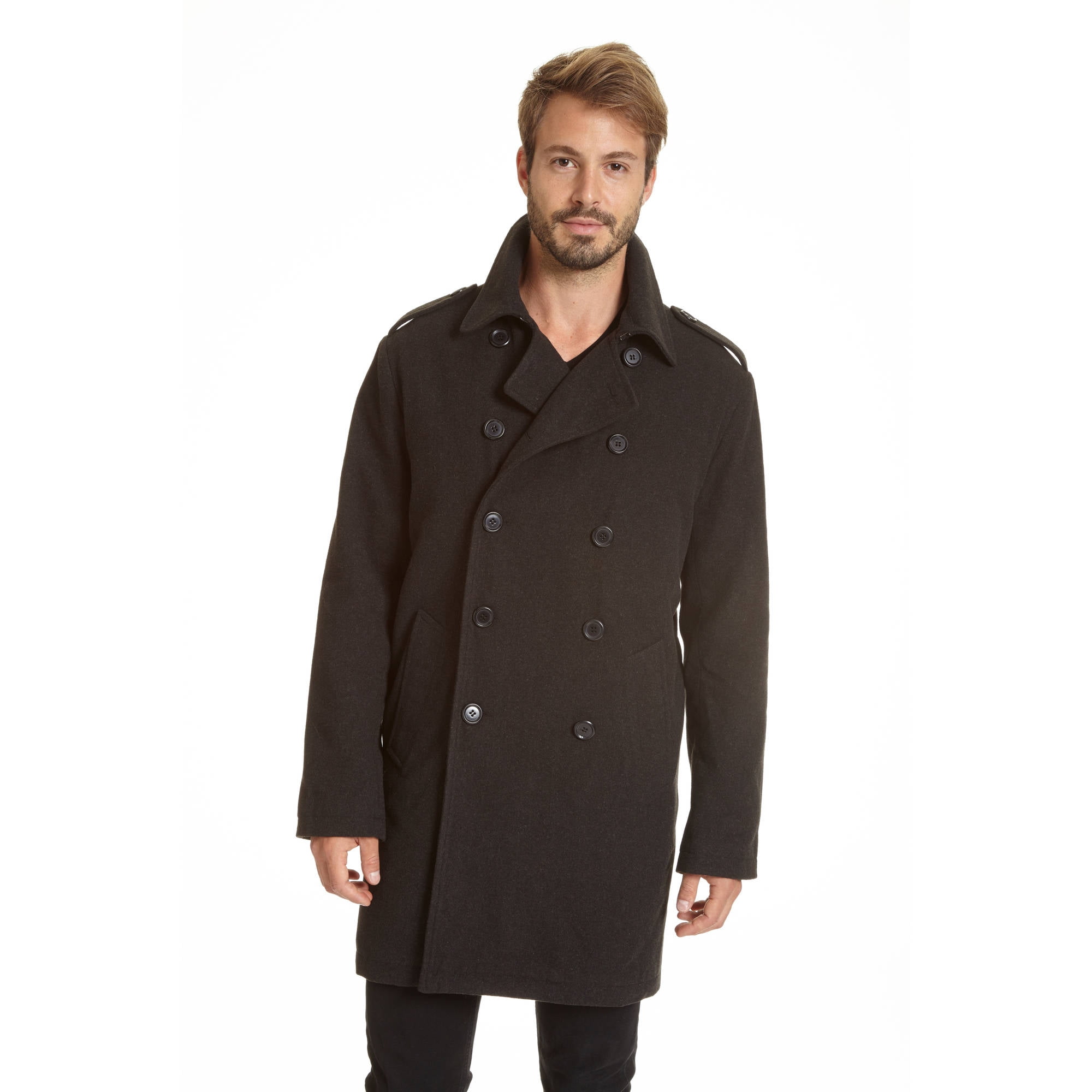 Excelled Men's Faux Wool Double Breasted Long Length Pea Coat - Walmart.com