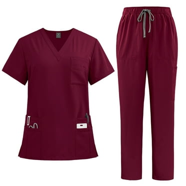 Unisex Medical Scrubs Set V-Neck Top and Drawstring Pants, Comfortable and Durable, Multiple Pockets, Burgundy