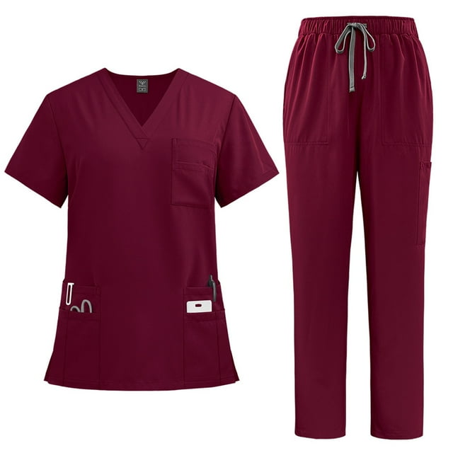 Scrub Sets for Woman Solid Color V-Neck Short Sleeve Long Pants Nurse Uniform with Pock Wine S