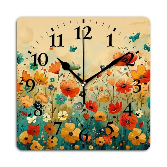Square Wall Clock,Hand-Painted Field Of Wildflowers,Silent Non-Ticking Wall Clock Decor for Home Office Kitchen Living Room Bedroom(16inch)