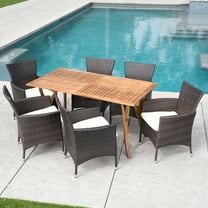 Outdoor 7 Piece Acacia Wood Wicker Dining Set with Cushions, Beige, Multibrown, Teak