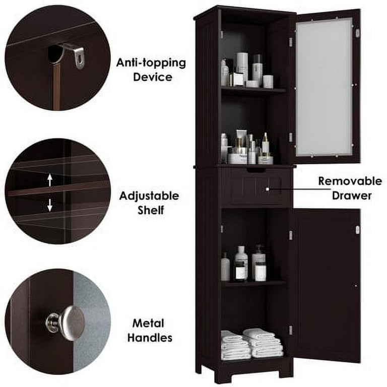Homfa Bathroom Storage Cabinet, Brown Linen Cabinet, Narrow Tall