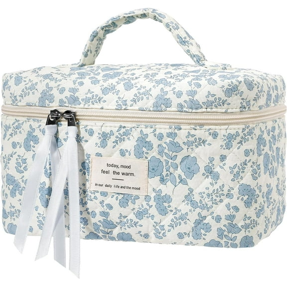 Quilted Makeup Bag, 3PCS Cotton Large Travel Makeup Bag, Cute Floral Coquette Make up Bag Cosmetic Bag Toiletry Bag for Women Girls