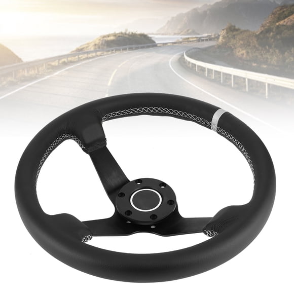 Volant de Course Volant de Course Remplacement de Volant Accessoire Modifié pour Voiture 350 Mm/14 Po pour Style 6 - Volant de Course en Cuir Noir avec Klaxon