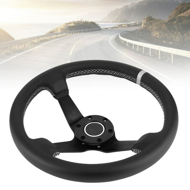 Volant de Course 350mm/14 Po pour Style 6- Volant de Course en Cuir Noir avec Klaxon