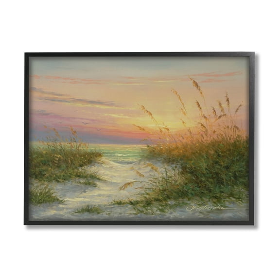 Sunset Beach Path Reeds Coastal Painting Black Framed Art Print Wall Art