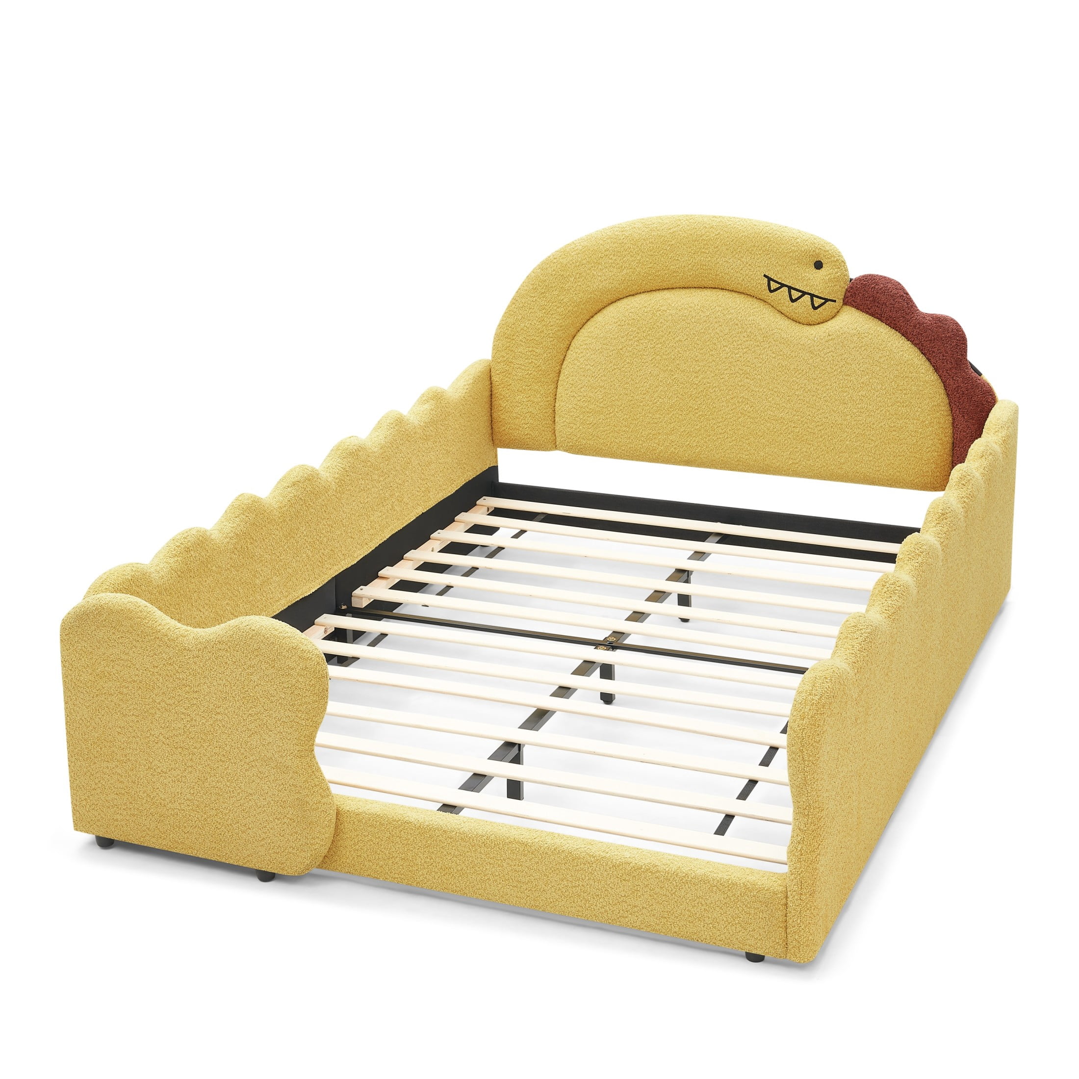 GDF Studio Full Size Cute Dinosaur Bed with Safety Guardrails & Solid Wood Frame, Boucle Fabric Upholstered Bed, Yellow
