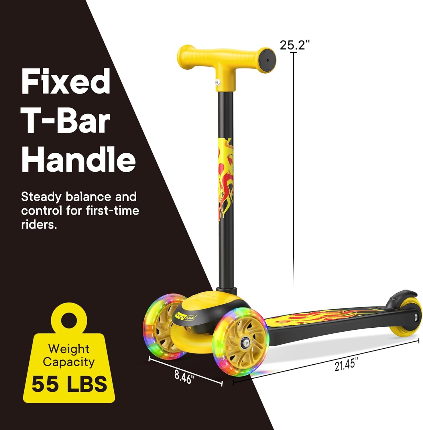 Scooter Stars 3-Wheel Kids Scooter with Light-Up LED Front Wheels, Wide Anti-Slip Deck, Rear Foot Brake, Lean-to-Steer Ride-On Toy