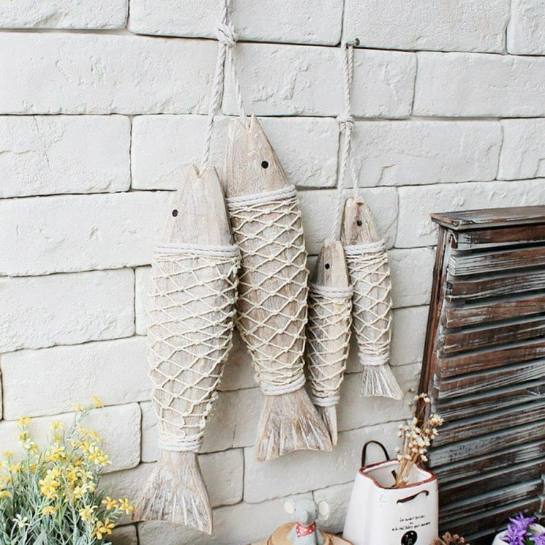 2 Pack Antique Hand Carved Wood Fish Sculpture Decor Ornament with Fishing Net, Beach Theme Wall Art Hanging Wooden Nautical Fish Decorations for Home