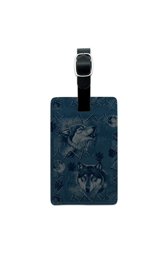 Wolf Wolves Wilderness Forest Southwestern Western Ice Blue Rectangle Leather Luggage Card Suitcase Carry-On ID Tag