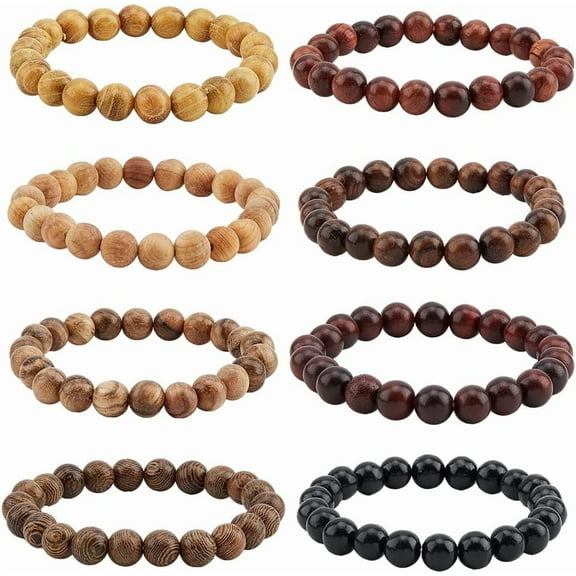 8Pcs Wooden Beaded Bracelet Prayer Bead Stretch Elastic Bracelets Round Gemstones Bracelet Fashion Sandalwood Bracelets Birthday Holiday Jewelry Gifts for DIY