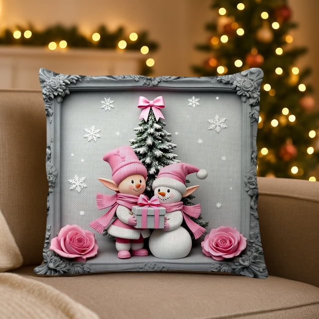 Funda de Cojín de Lino con Muñeco de Nieve Rojo Navideño | Decoración Navideña para Sofá | 45X45Cm | Funda de Cojín con Imitación de Bordado