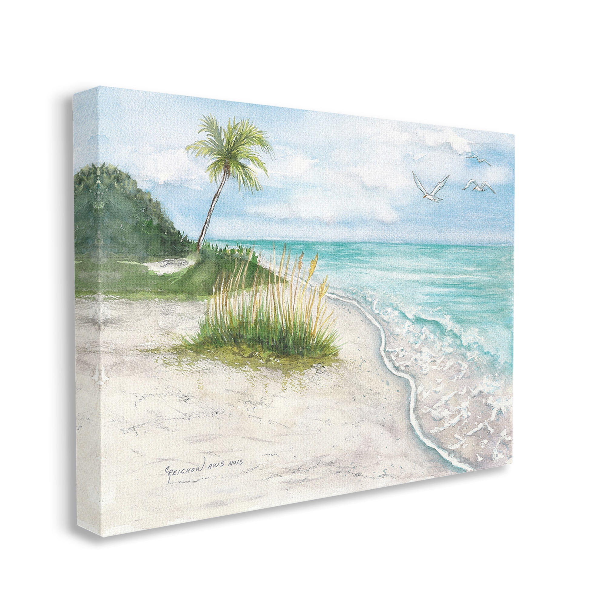 Stupell Industries Seagulls over Tropical Beach Landscape Painting Gallery Wrapped Canvas Art Print Wall Art, 30 x 24