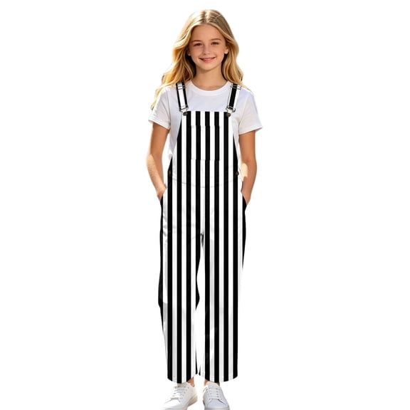 Lullu Girls Striped Overalls Adjustable Straps Jumpsuit with Pockets, Black, Sizes 5-14