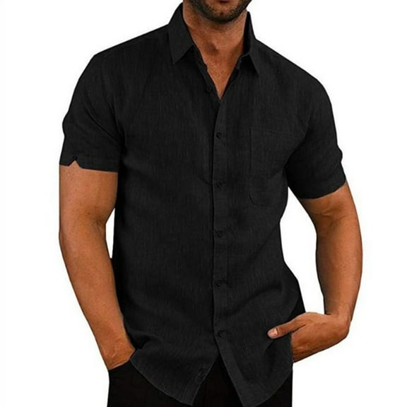 SDFGTstore Men Split Short Sleeve Button Down Shirt Lapel Solid Color Casual Beach Blouse