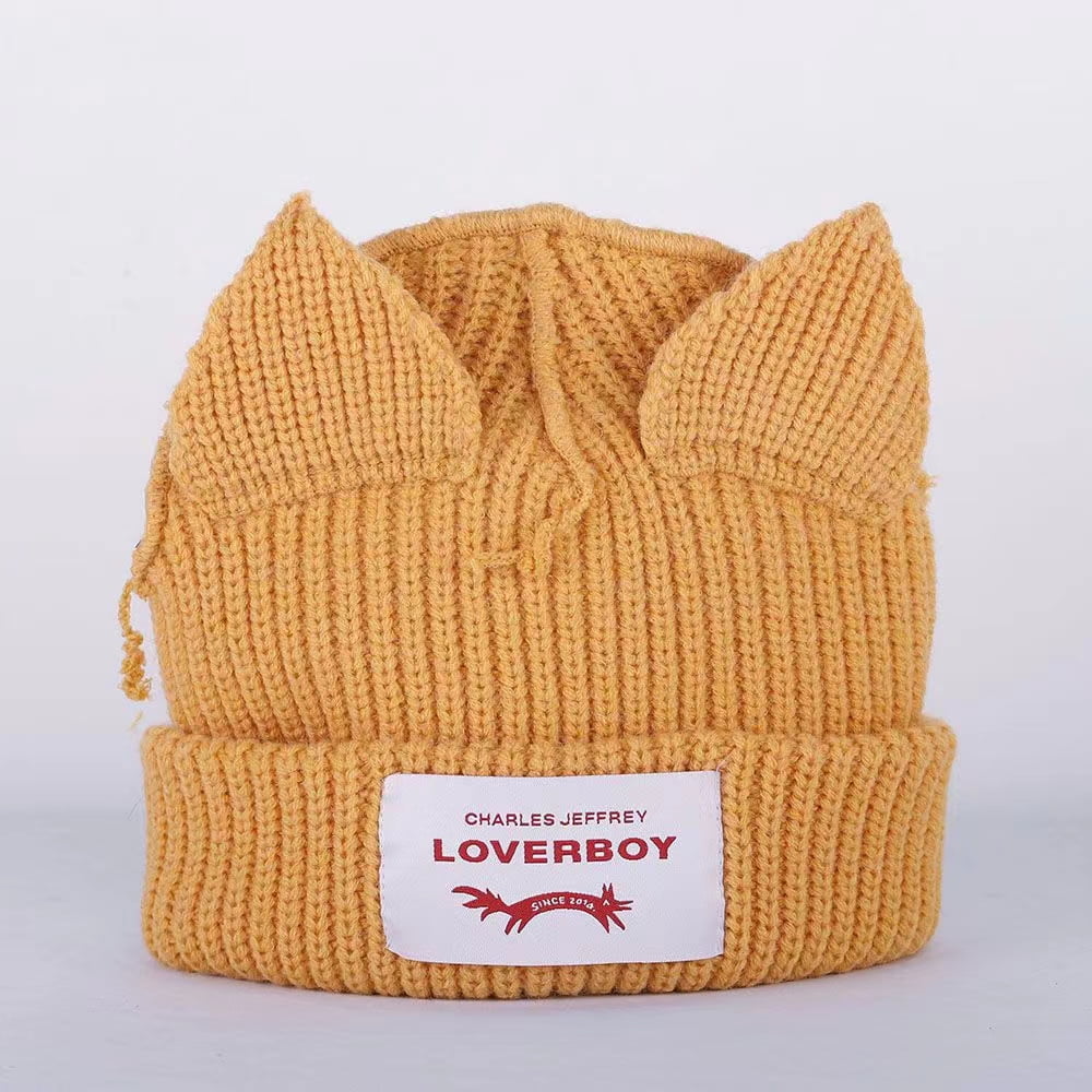 2024 Loverboy Cat Ear Knit Hat solid Warm Pig Ear Woolen Hat Cute