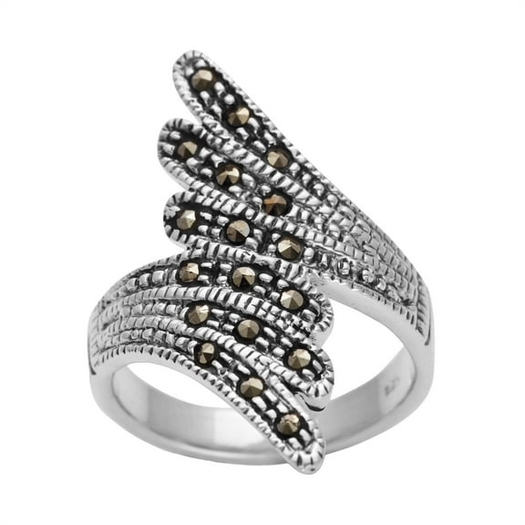 Silver Women's 925 Sterling Silver Oxidized Simulated Marcasite Overlapping Wing Feather Ring