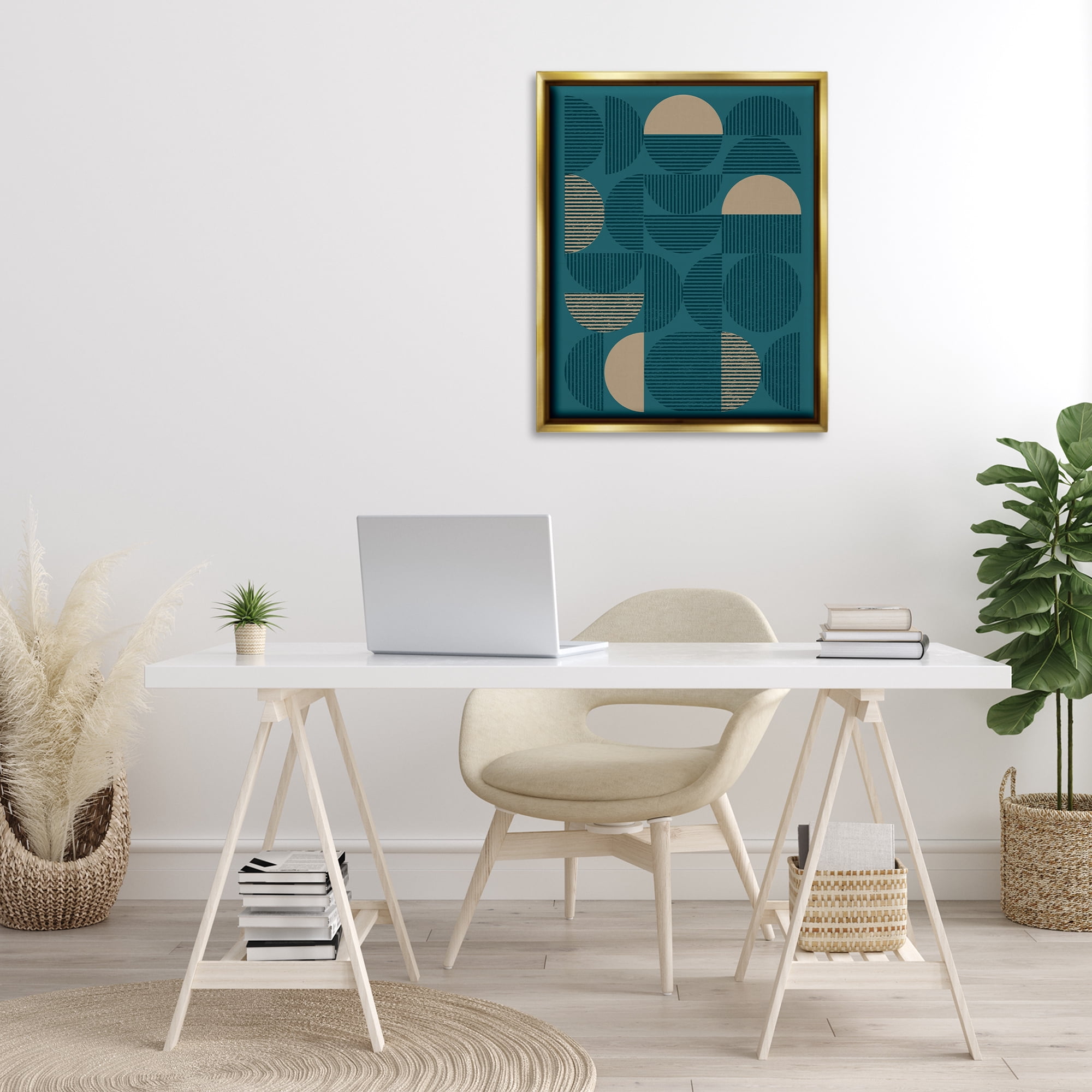 Stupell Industries Deco Arches Blue & Beige Abstract Painting Gold Floater Framed Canvas Art Print Wall Art, 25 x 31