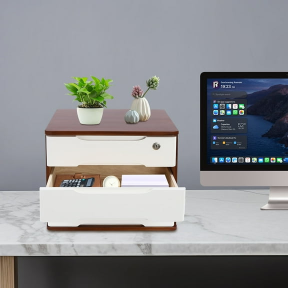 3 Drawers Rectangle Wooden Desktop Storage Box with 1 Lockable Drawers, Wooden Storage Cabinet Organizer Tabletop Storage Organization Box for Office, Home (Walnut White)
