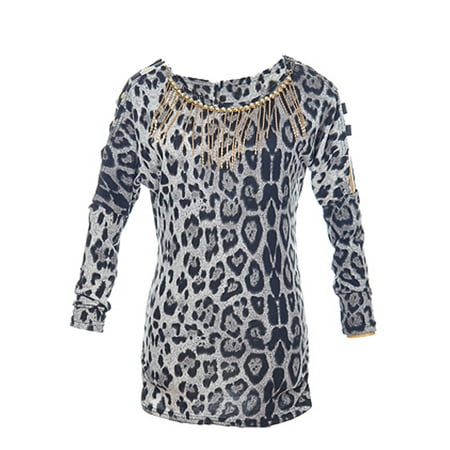 Chain Print Dress - S/M Fit Black Grey Animal Print Long Sleeve Dress w Gold Chain Detail